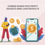 Chinese banks face profit squeeze with loan defaults and $72 billion recapitalization plan, showing yuan symbol, coins, and downward financial graph."