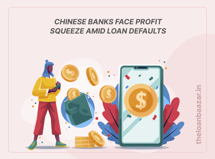 Chinese banks face profit squeeze with loan defaults and $72 billion recapitalization plan, showing yuan symbol, coins, and downward financial graph."