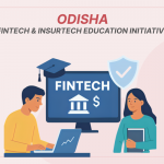 “Digital illustration of Odisha Fintech and Insurtech education program with students, technology, and finance icons”
