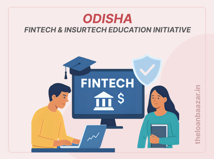 “Digital illustration of Odisha Fintech and Insurtech education program with students, technology, and finance icons”