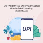 UPI-facilitated credit expansion in India with smartphone, rupee coins, and digital loan symbols representing digital lending growth."